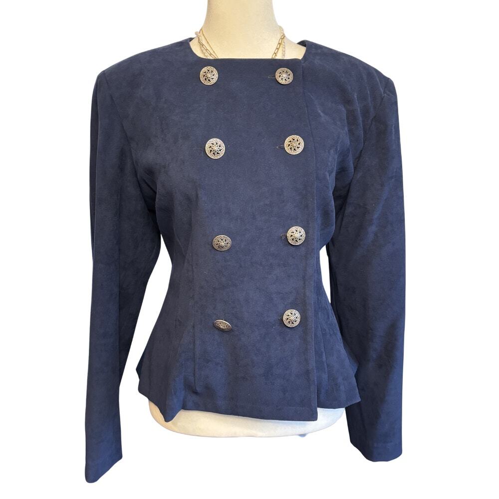 Positive Attitude Vintage Faux Suede Double Breasted Jacket Navy Blue 1990s M